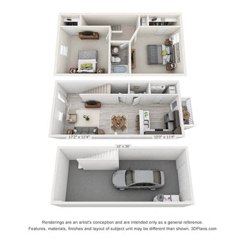 A 3d rendering of a 2 bedroom townhome with drive under garage